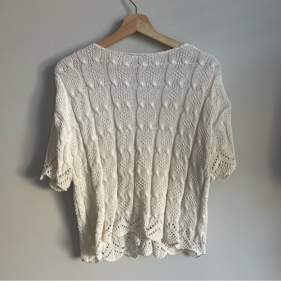Vintage Knit Crop Short-Sleeve Cardigan, White Cotton Crochet Summer Top - Picture 3 of 8